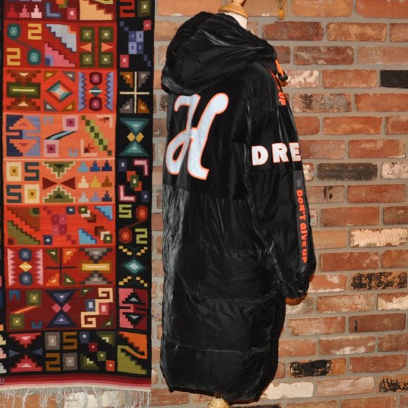 Black Silky Velvet Puffer Long Coat Sequin Pikachu Elmo DREAM "Don't Give Up" M - Picture 8 of 15